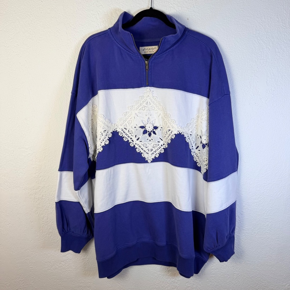 NEW $198 Free People M Blue Lace Striped Quarter Zip Sweatshirt Boho Prep Rugby